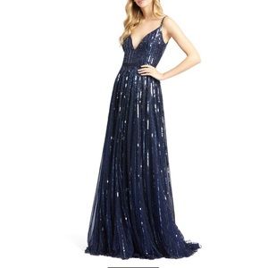 Mac Duggal Sequin Stripe Gown Midnight Blue